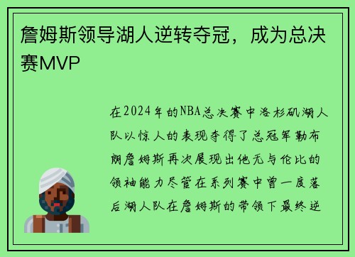 詹姆斯领导湖人逆转夺冠，成为总决赛MVP