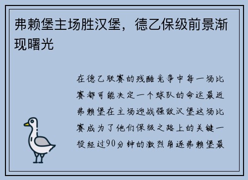 弗赖堡主场胜汉堡，德乙保级前景渐现曙光