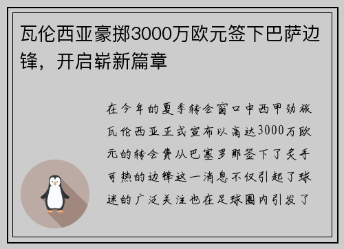 瓦伦西亚豪掷3000万欧元签下巴萨边锋，开启崭新篇章