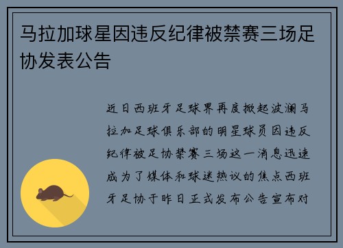 马拉加球星因违反纪律被禁赛三场足协发表公告